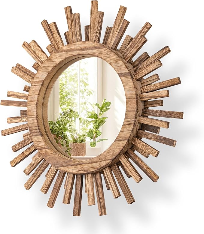 12 Inch Boho Sunburst Mirror, Round Wooden Wall Decor Starburst Sun Mirror for Bedroom, Living Room, Bathroom, Hallway, Balcony, Farmhouse Entryway, Housewarming Gift（Rustic Brown