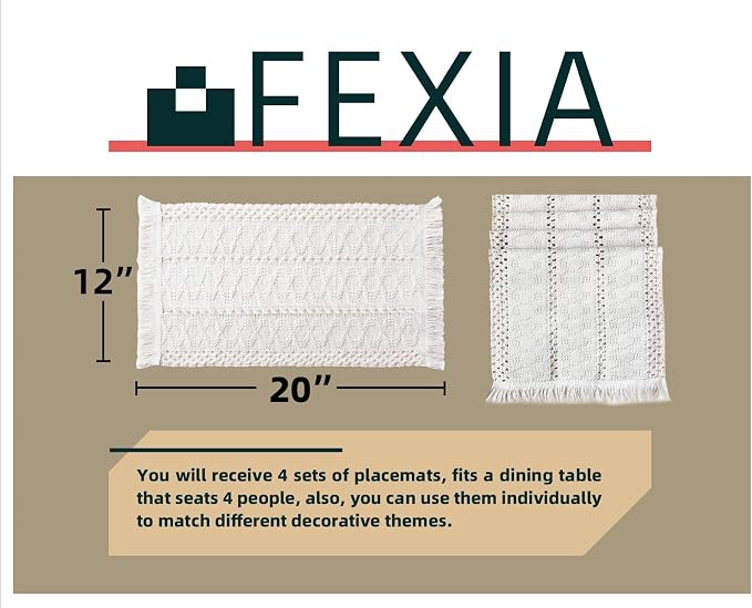 FEXIA Beige Boho Placemats Set of 4 Table Mats Farmhouse Home Dining Decor | 12x20" Place Mat Set of 4 Macrame Table Decor Farmhouse Burlap Placemats for Home Dining Table Centerpiece Home Decorations