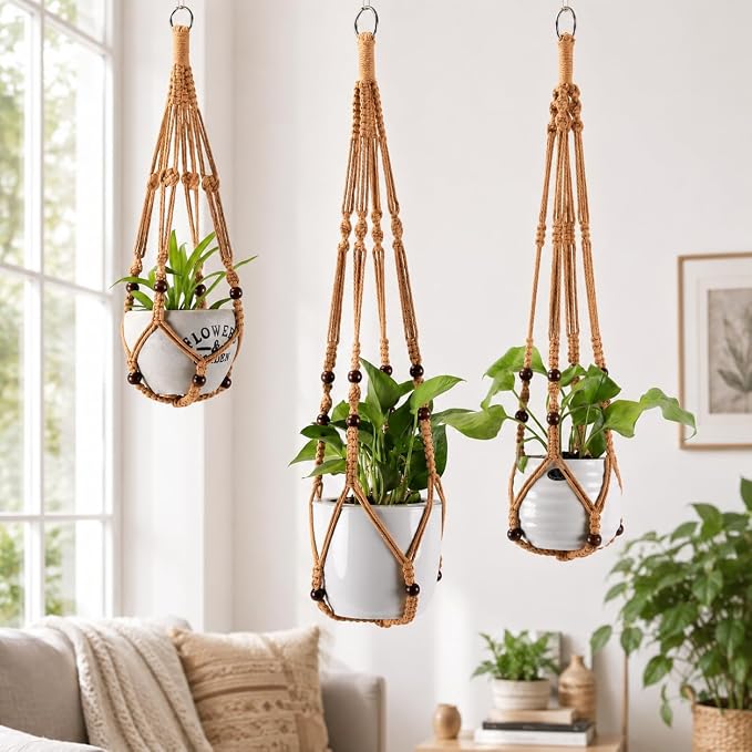 Macrame Plant Hangers with Beads for Indoor and Outdoor, 3 Pack