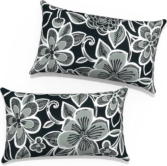 Outdoor Lumbar Pillow Covers 12”x20”, Rectangle Throw Pillow Covers for Patio Furniture, Decorative Lumbar Cushion Case for Garden Balcony Couch Office Chair, Pack of 2,Flower Black