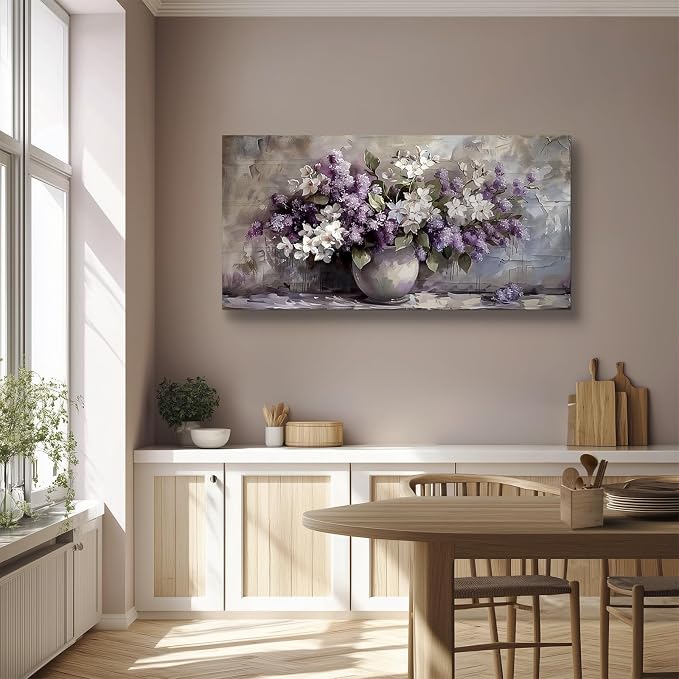 SERIMINO Large Still Life Wall Art, Purple Floral Canvas Painting 29"X57" | Extra Large Purple Floral Botanical Wall Decor, Living Room Kitchen Office Decor, Gallery Wrapped, Fade-resistant Inks