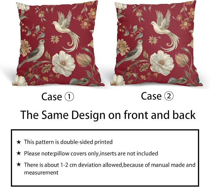 Kawani Vintage Floral Pillow Covers 20x20 Inch Set of 2 Red Chinoiserie Flower and Bird Outdoor Decorative Throw Pillows Retro Rustic Pillowcases Farmhouse Cushion Covers for Couch Home Decor