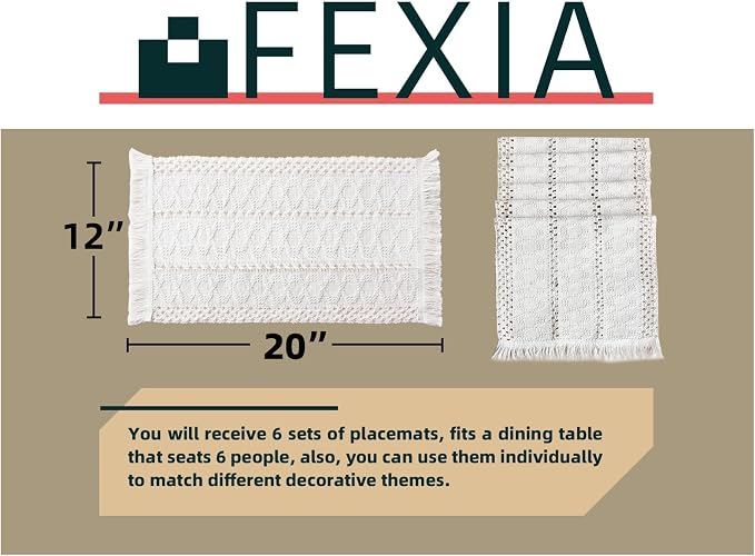 FEXIA Beige Boho Placemats Set of 6 Table Mats Farmhouse Home Dining Decor | 12x20" Place Mat Set of 6 Macrame Table Decor Farmhouse Burlap Placemats for Home Dining Table Centerpiece Home Decorations