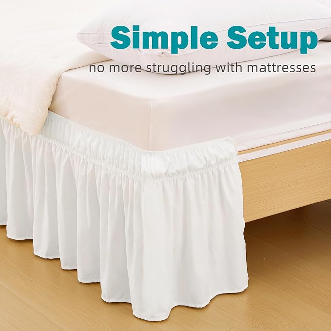Vocander Queen Bed Skirt 12 Inch Drop, Elastic Wrap Dust Ruffle White | Hides Underbed Storage, No Mattress Lifting, Elastic Stays Put, Soft Fabric, Machine Washable, Polished Look