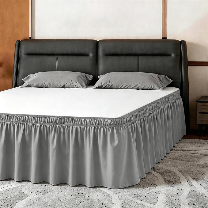 ANARACHON King Bed Skirt, Elastic Wrap Around Bed Skirt King Size, Bed Skirts for Adjustable Bed, Easy Fit with 18" Drop Length Tailored Drop Dust Ruffle (Grey)