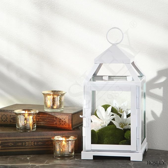 Hosley Set of 2 Clear Glass and Iron White Color Farmhouse Classic Style Lantern 12 Inch High Ideal Gift for Weddings Bridals Special Occasions Parties Aromatherapy and Spa Settings O4