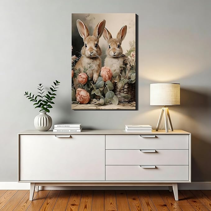 Rustic Bunny & Flowers Canvas Wall Art Framed Rabbit Canvas Prints Picture for Fireplac,Hallway, Farmhouse Spring Easter Wall Decor & Holiday Decoration for Bedroom Bathroom 16x24 In