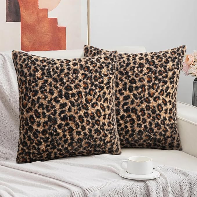 cygnus Cheetah Print Boucle Throw Pillow Covers 18x18 Inch | Set of 2 Soft Fuzzy Curly Textured Decorative Pillowcase, Leopard Pillows for Living Room Bedroom Stockholm Home Decor
