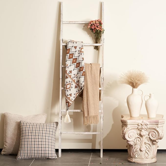 Blanket Ladder 6-Tier Washed White, Rustic Towel & Quilt Display Rack | farmhouse decorative white ladder for living room, bedroom or bathroom. Holds quilts, towels & blankets. Sturdy 6-tier wood.