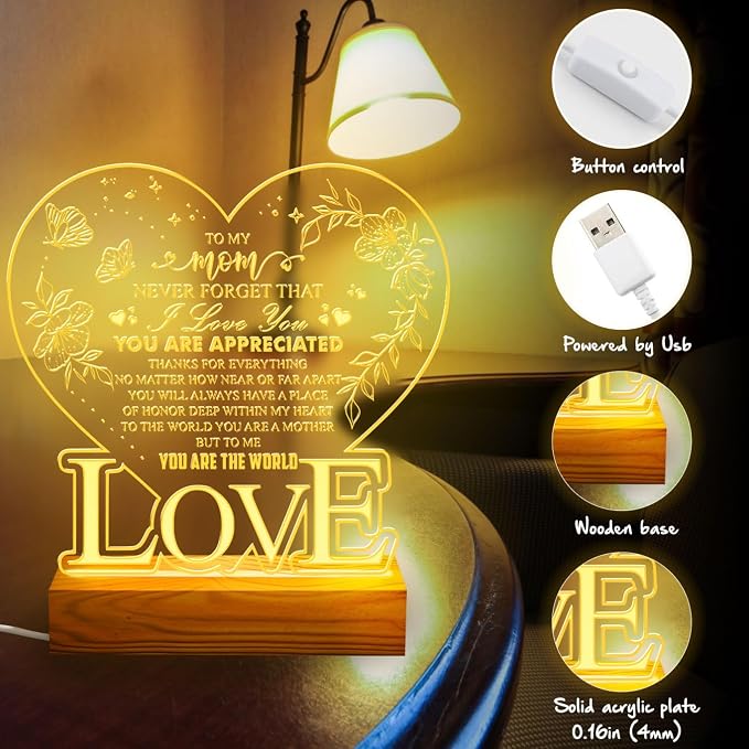 to My Mom, Never Forget that I Love You – Heart-Shaped LED Night Light for Mom – Mom Birthday Gift, Mother's Day – USB Port Powered Lamp with Engraved Love Message – Wooden Base Home Decor