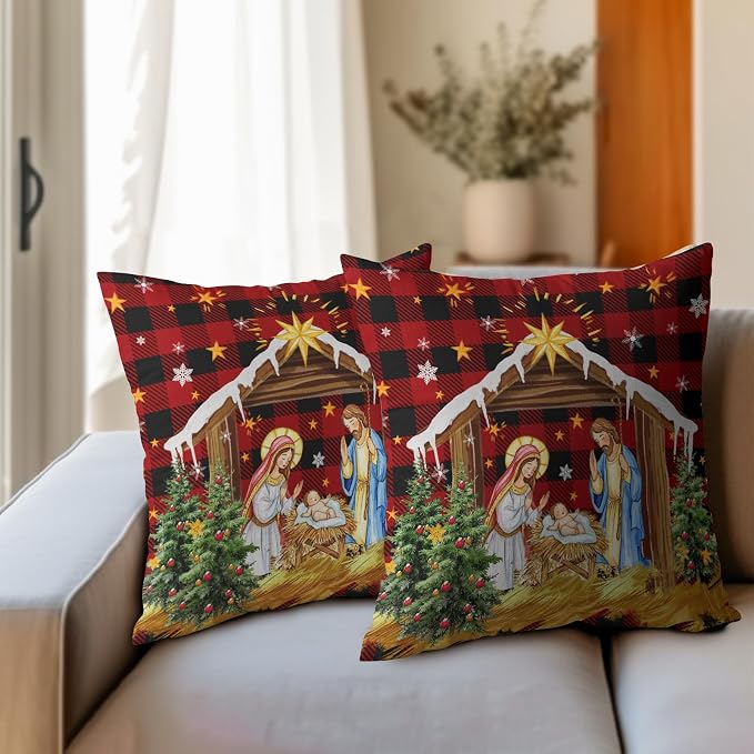 Jesus Nativity Throw Pillow Cover 16x16 Inch Set of 2 Xmas Red Buffalo Plaid Pillow Case Christma O Holy Night Winter Holiday Cushion Case for Home Living Room Couch Sofa Decor