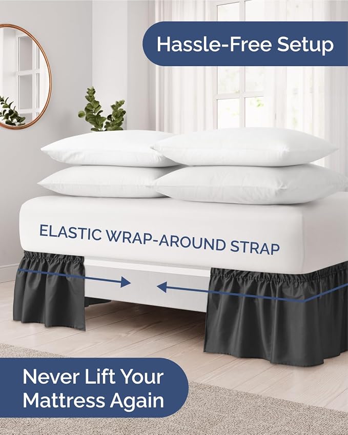 Wrap Around Dust Ruffle Bed Skirt, Queen Size Beds - 14 Inch Drop, Black | Easy Fit Elastic Strap, Adjustable Pleated Bedskirt w/Brushed Fabric, Wrinkle & Fade Free, for Women, Men, Kids & Teens