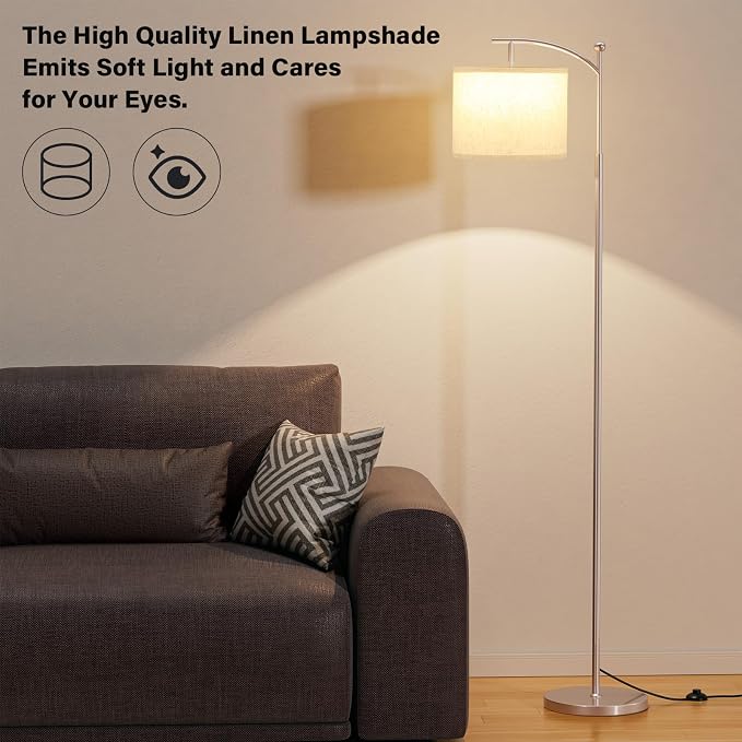 Ambimall 60" Floor Lamp for Living Room with 3 Color Temperatures, Adjustable Beige Shade with Light Gold Pole, Tall Lamp for Bedroom Office Classroom Dorm Room, 9W Bulb Included
