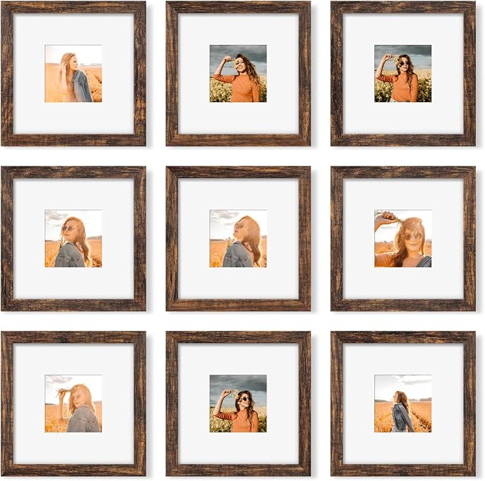 YESKAY 8x8 Picture Frame Set of 9, Photo Gallery Wall Frame Set, Display Pictures 4x4 with Mat or 8 x 8 Without Mat, Square Frame Picture Frames Collage Wall Decor, Rustic Brown