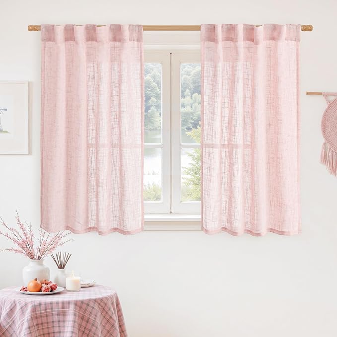 40 Inch Length Linen Curtains for Small Windows Over Silk 2 Panels | Semi Sheer, Light Filtering Panels, Neutral Drapes for Basement, Window, Kids Room, Rod Pocket Back Tab, Pink, 34 x 40 Inch