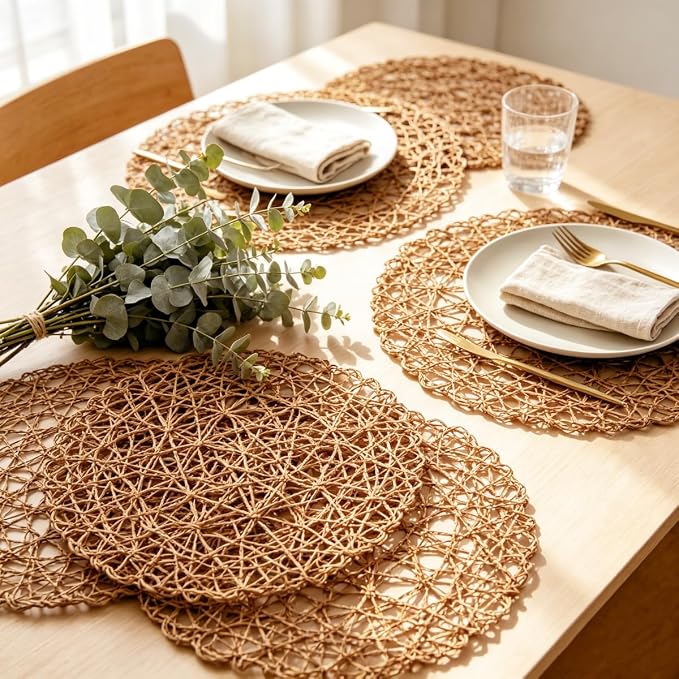 IcosaMro Brown Round Placemats Set of 12 for Dining Table, 13 Inches Paper Woven Boho Small Decorative Circle Place Mat for Wedding Christmas Thanksgiving Day Holiday Dinner, Light Coffee Brown