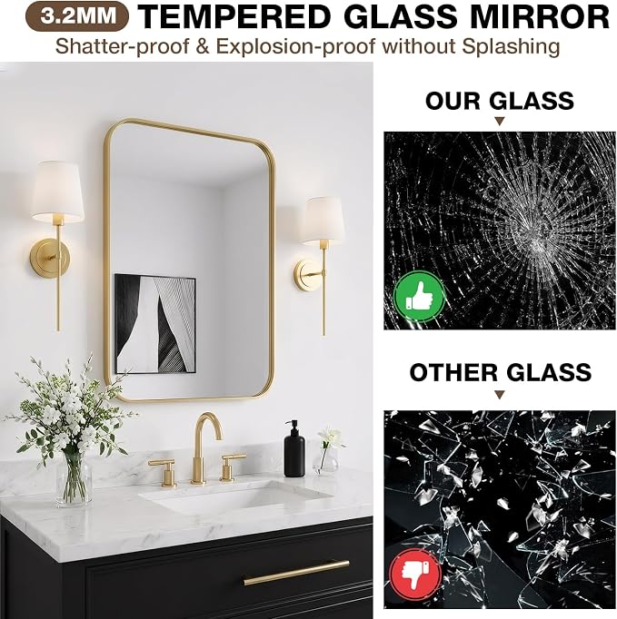 22"x30" Bathroom Mirror for Over Sink, Brushed Gold Rectangle Vanity Mirror | Aluminum Alloy Frame, Clear Reflection, Rust-Resistant, Vertical or Horizontal, Wall Mount, Bedroom and Entryway