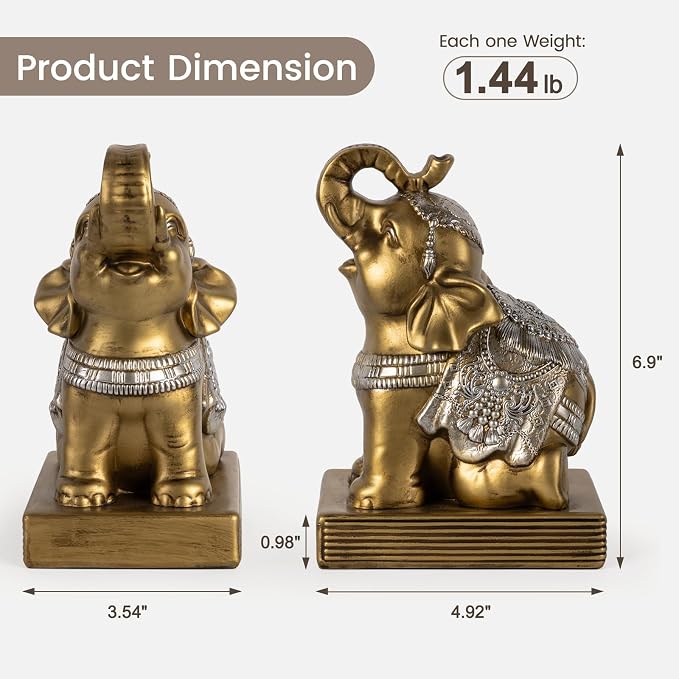 Elephant Book Ends for Shelves, Vintage Decorative Bookends, Book Holders with Anti-Slip Pad for Book Lovers Heavy Book Stopper for Home Office Decor (Gold)
