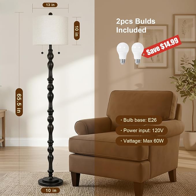 Scenekoy 65.5" Natural Real Wood Rustic Floor Lamp for Living Room Bedroom
