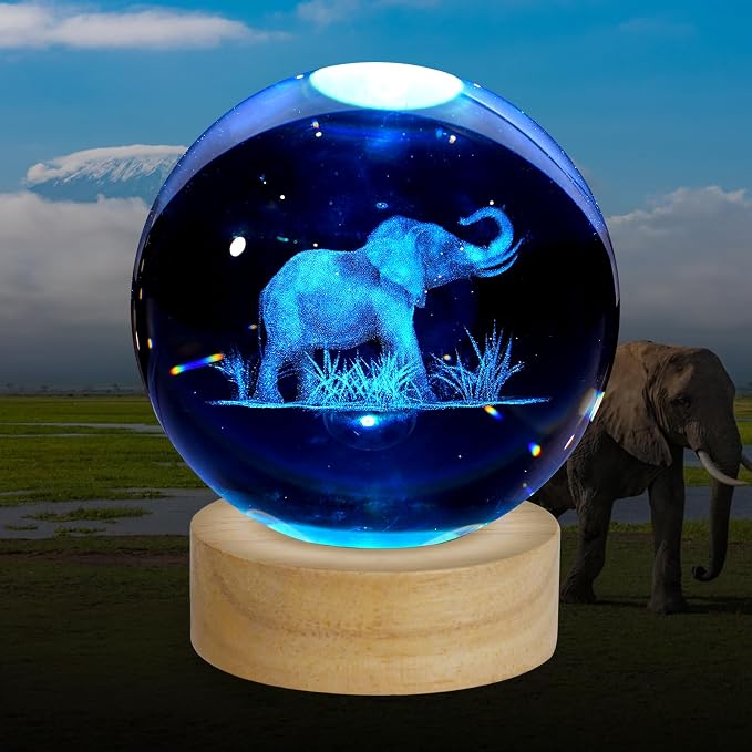 3D Crystal Ball Night Light, 3.15 Inch Glass Ball Lamp with 16 Color LED Wooden Base, Elephant Lamp Decor for Birthday, Holiday, Christmas Gifts