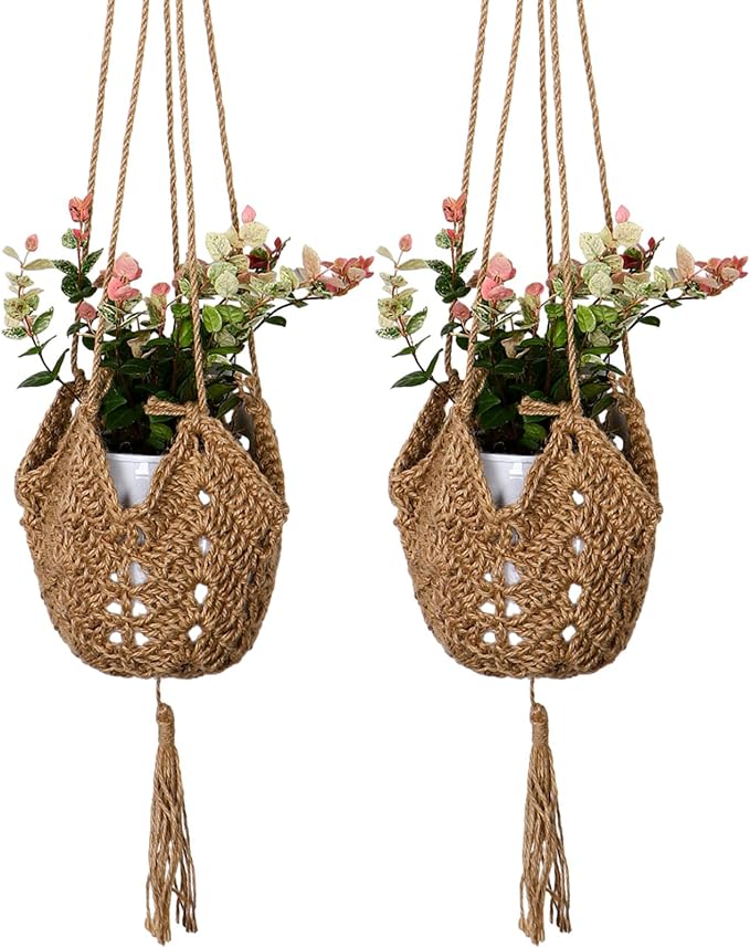 Macrame Plant Hangers Jute Crochet Plant Hanger Indoor with 2 Hooks Hanging Planter Basket Flower Pots Holder for Boho Home Décor 2Pcs