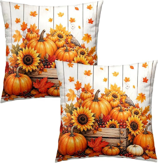 Fall Sunflower Pumpkin Pillow Covers Autumn Maple Leaf Throw Pillow Covers 22x22 Set of 2 Thanksgiving Pillow Cases Harvest Cushion Cases for Home Farmhouse Sofa Couch Garden