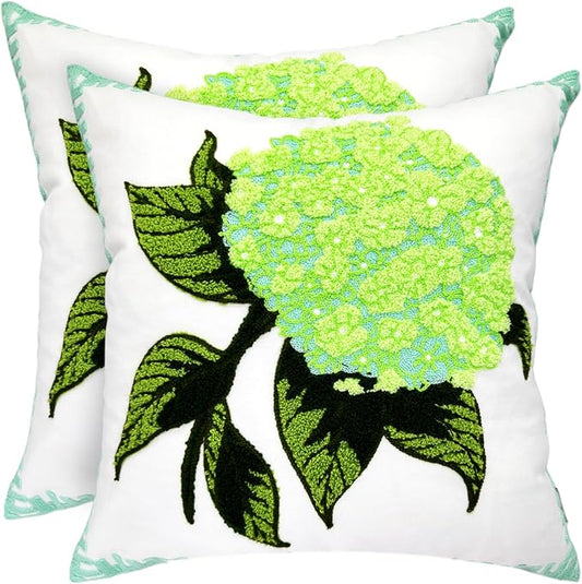 Alysheer Spring Hydrangea Embroidered Decorative Throw Pillow Covers 18"x 18" Set of 2, Summer Floral Tufted Patterned Green Cotton Cushion Cases for Couch Bed Living Room Decor