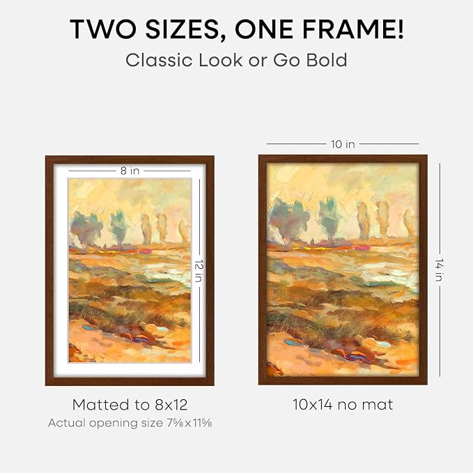 Homeforia 10x14 Brown Oak Picture Frame, High-End Wood, 8x12 Mat, Glass