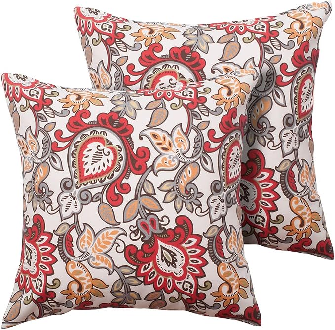 Magpie Fabrics Pack of 2 Outdoor Waterproof Throw Pillow Covers 18 x 18 Inch, Christmas Decorative Cushion Sham Pillowcase Shell for Garden Patio Tent Balcony Couch Sofa(Floral Red Orange)