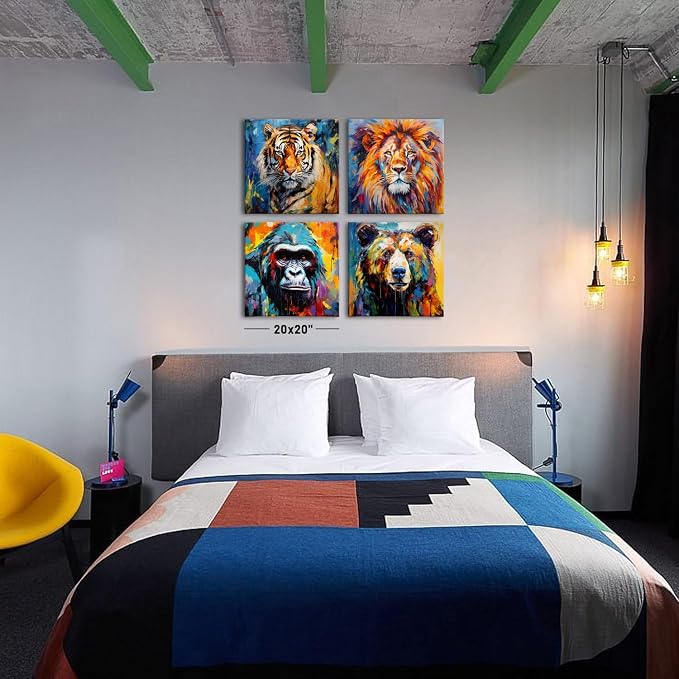 Animal Canvas Wall Art Boys Room Decor Watercolor Wildlife Portrait Picture Abstract Bear Tiger Lion Chimpanzees Painting Kids Bedroom Graffiti Banksy Artwork for Nursery Home Decoration 20x20"x4