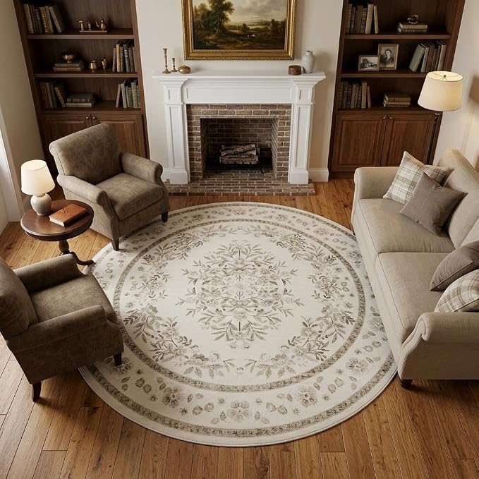 GarveeHome 4ft Round Rug for Nursery Vintage Floral Floor Carpets | Leaf Flower Bordered Throw Rugs for Living Room Machine Washable Non-Slip Brown Botanical Area Rug for Bedroom Dining Room