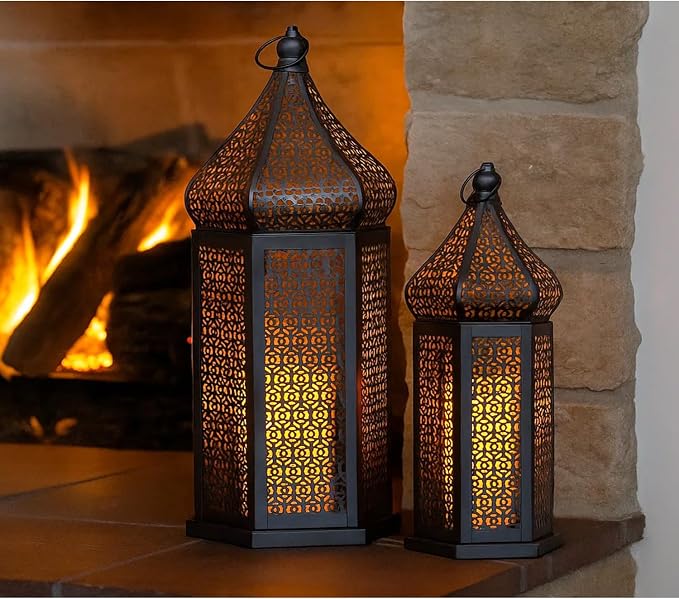 Vela Lanterns Decorative Indoor Black Moroccan Temple Lanterns, Set of 2