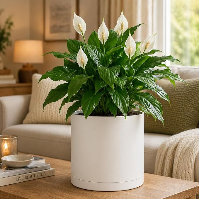Giraffe Creation 14 Inch Cylinder Plant Pot, Modern Round Planter with Drainage Holes and Saucer, Durable Plastic Flower Pot for Indoor Outdoor Plants, White