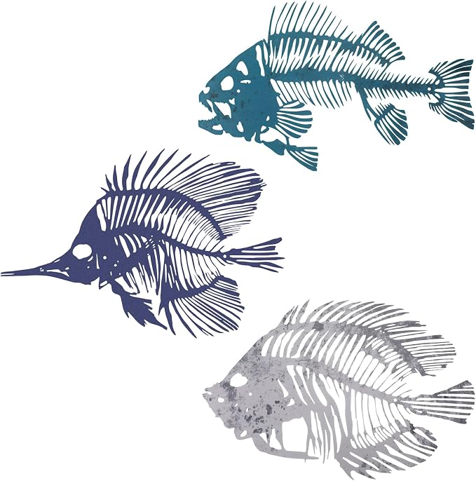 Zhengmy 3 Pcs Metal Fish Wall Art Fishing Wall Decor Hanging Metal Fish Bone Rustic Nautical Style Sign Plaque for Indoor Outdoor Office Home Bedroom Bathroom Living Room Window(Various Color)