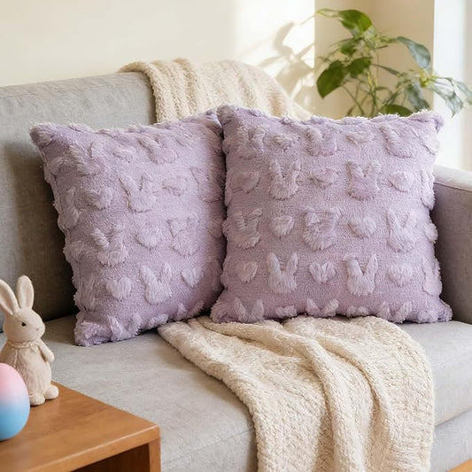 ONFAON Easter Decorations-Easter Day Pillow Covers, Set of 2 Soft Plush Short Wool Velvet Purple Throw Pillow Covers Farmhouse Seasonal Cushion Case Decoration for Sofa Couch 18 x 18 Inch