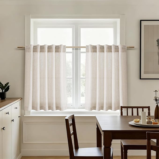 30 Inch Beige Curtains for Kitchen Linen Blend Rustic Farmhouse Short Curtain Back Tab and Rod Pocket Semi Sheer Curtains for Cafe Bathroom Small Window 26 x 30 Inch, 2 Panels