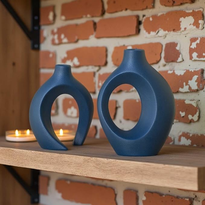 Lvases Snuggle Hollow Ceramic Flower Vaseof 2, Matte Navy Blue Home Decor | 8.4" Minimalist Nordic Boho Pampas Grass Decorative Vase Modern Aesthetic Ins Style Living Room Coffee Table Centerpieces