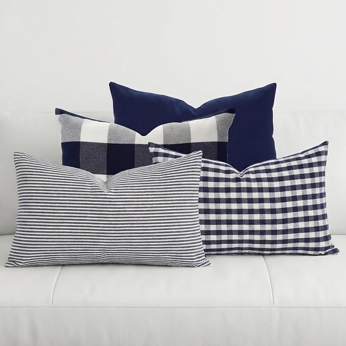 Rectangle Navy Blue Striped Plaid Outdoor Lumbar Decor Pillow Covers 12x20 | Farmhouse Blue and White Decor Coastal Pillow Covers 20x12 Set of 4, Neutral Navy Blue Throw Pillows For Couch Sofa Patio