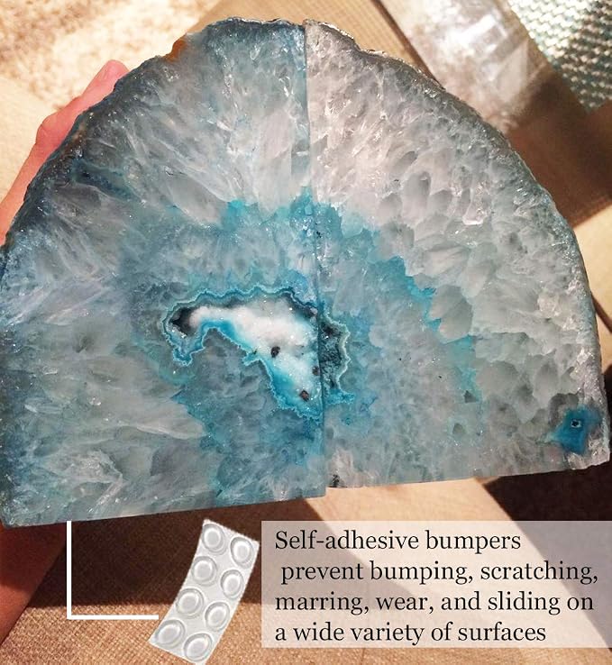 Agate Geode Bookends Heavy Duty Teal Crystal Stone Book Holders Decorative | Polished Stone Book Stoppers Supports Home Office Decor with Rubber Bumpers Dyed Teal 1 Pair, 2-3 LBS