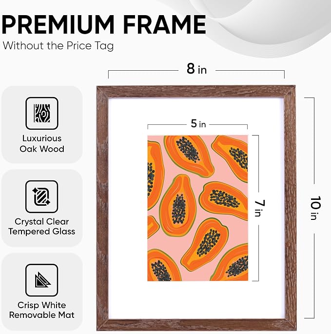 Homeforia 10x8 Picture Frame Brown, High End Dark Oak 10 x 8 Walnut Wooden Frames with Mat 5 by 7 Photo, 10x8 Wood Frame Matted to 5x7 Print, Wall or Tabletop Frame, Tempered Glass, Wall Kit, Set of 1