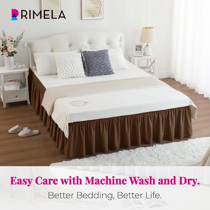Brown Bed Skirt Full Size 15 Inch Drop, Elastic Wrap Around Bedskirt | Solid Ruffled, Easy to Use, No Mattress Lifting, Wrinkle & Fade Resistant, with Adhesive Strips, Machine Wash/Dry/Iron