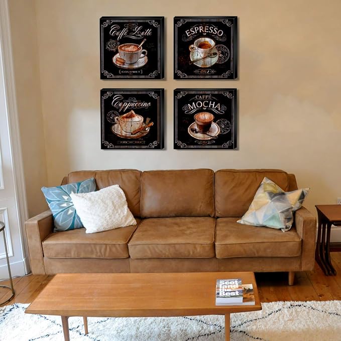 Vintage Coffee Wall Decor Kitchen Bar Wall Art Retro Brown Coffee Picture Latte Mocha Espresso Cup Cafe Signs Canvas Painting Modern Artwork for Dining Room Restaurant Office Home Decoration 16x16" 4P