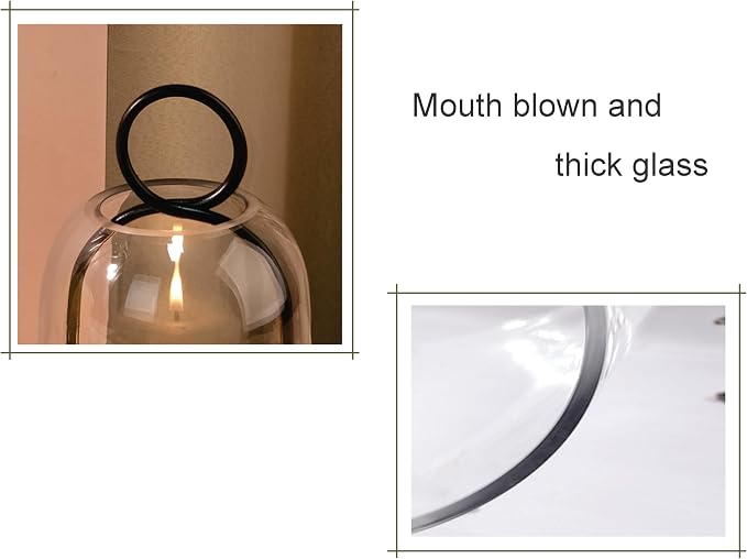 5" & 4" Wide Versatile Metal Candle Holder in Black with Handmade Thick, Heavy & Sturdy Glass Dome for Pillar Candle, Industrial, Modern, Shelf, Mantel, Veranda, Porch (Black, Large & Small)