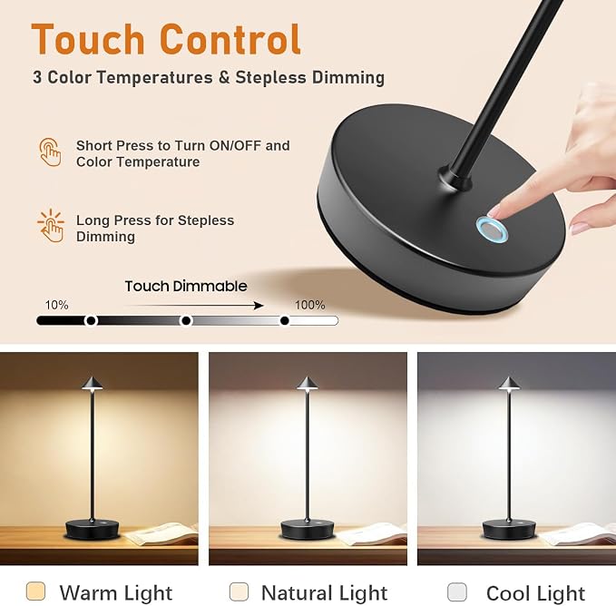 Set of 2 Cordless Rechargeable Led Table Lamp Battery Operated Light Black