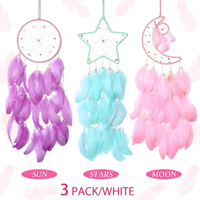 Jetec 3 Pcs Dream Catcher for Girl Star Sun Moon Decor, Sweet Color