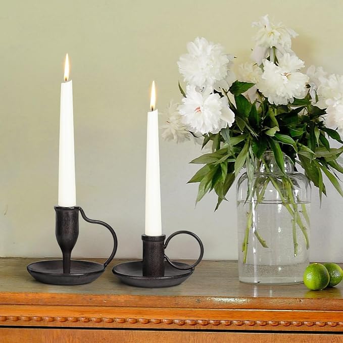 Matte Black Iron Candle Holder with Handle 2 Pcs Taper Candle Sticks Holder