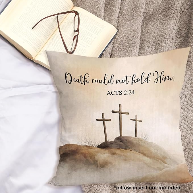 Christian Easter Cross Throw Pillow Covers Gifts 18x18, Religious Bible Verse Decor Pillow Cases for Bedroom Living Room, Death Counld Not Hold Him Decorative Pillowcases for Couch Bed Sofa