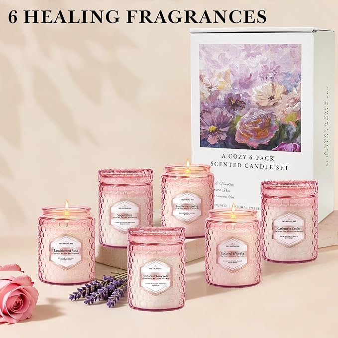 Scented Candles 6-Pack 5.5oz, Natural Soy Wax Pink Jar Gift Set | Scented Candles Gifts Sets for Women Birthday Christmas, Natural Aromatherapy Candles for Spa, Relaxation, Home Décor