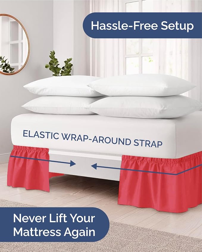 Wrap Around Dust Ruffle Bed Skirt - College Dorm Room - Twin/Twin XL | Red, 12 Inch Drop, Elastic Strap & Adjustable Pleated Bedskirt, Wrinkle & Fade Free, for Women, Men, Students, Kids & Teens