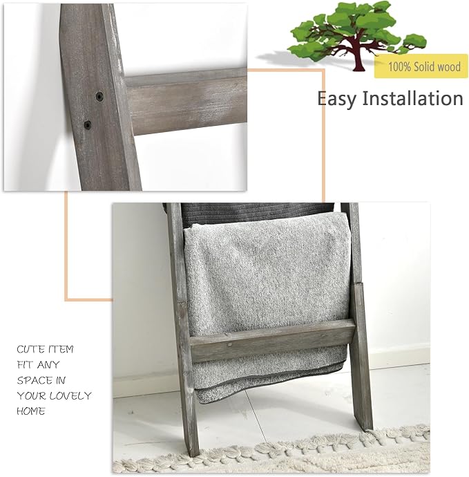 FUIN Blanket Ladder, 5ft Angled rungs Rustic Solid Wood Decor Rack, Grey | 5 rungs, farmhouse quilt display holder, organize towel, leaning wall, bathroom and living room use, knocked down side rail